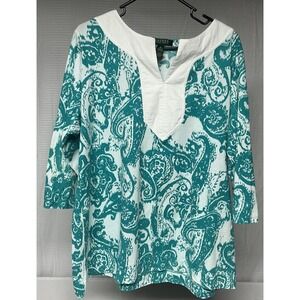 Lauren Ralph Lauren Women's 2XL Teal/White Paisley Cotton Split Neck Tunic EUC